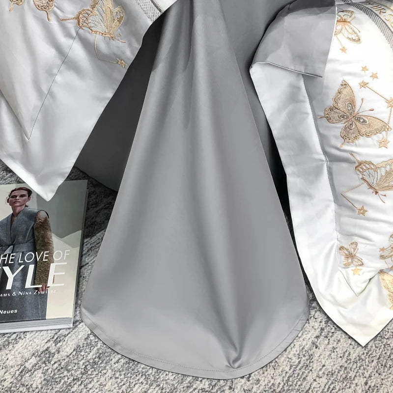 Juego de cama 100% de algodón, edredón bordado de mariposa dorada de lujo/funda nórdica, juegos de sábanas ajustadas, fundas de almohada, textiles para el hogar