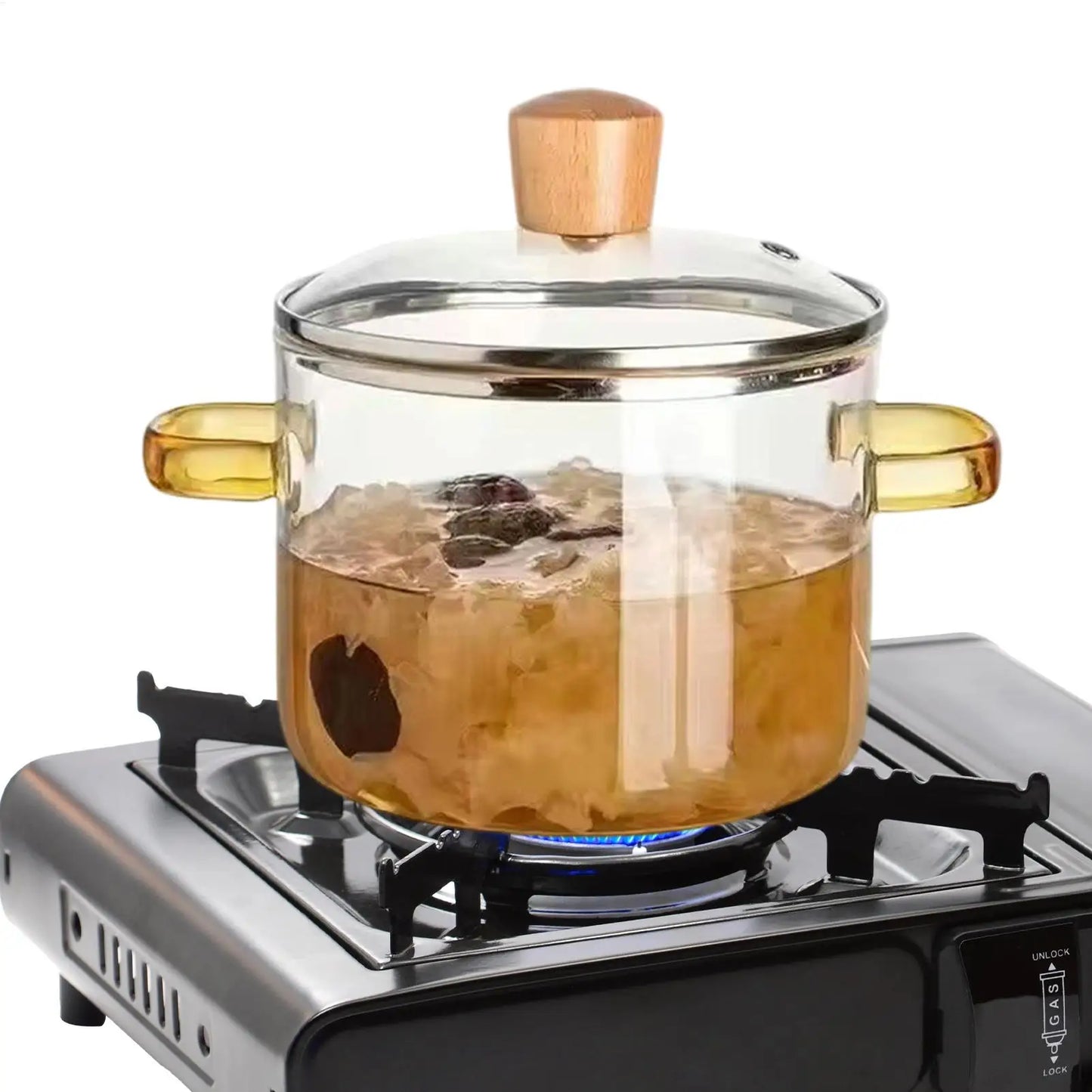 Olla de Vidrio de 1600 ml, Transparente, Resistente al Calor, Calentamiento Rápido, Olla de Vidrio para Cocinar, Olla para Estufa de Gas, Olla de Vidrio de Borosilicato Alto