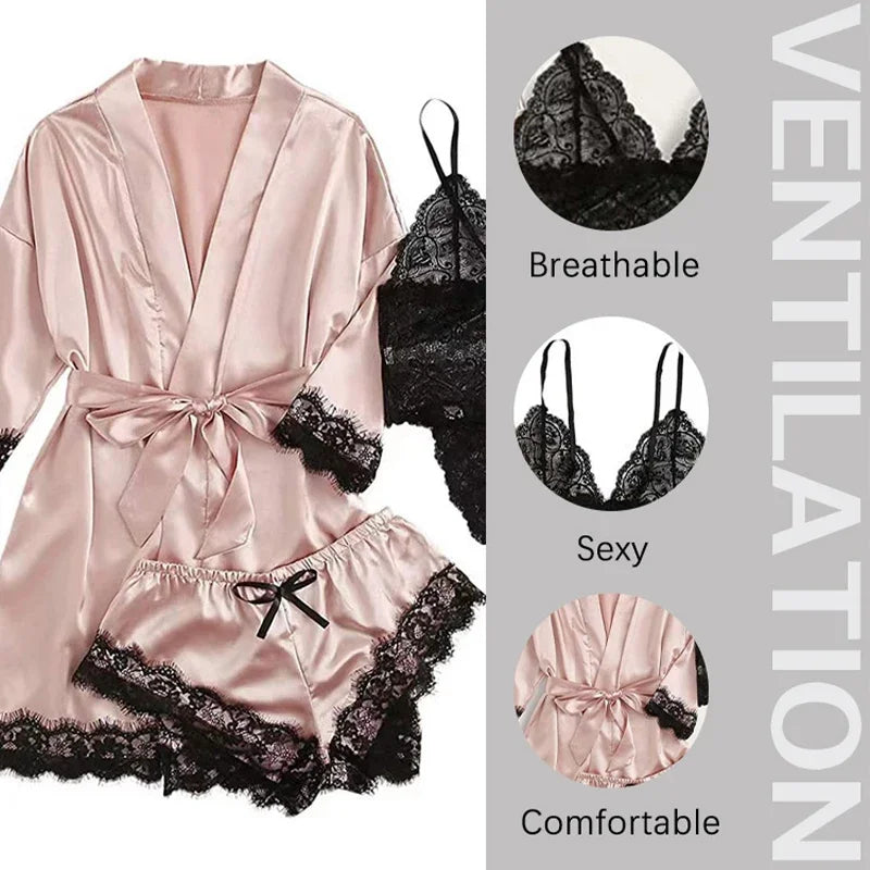 4 piezas ropa de dormir para mujer pijamas Ser con bata lencería de encaje Sexy Albornoz satén de seda ropa de dormir para el hogar bata