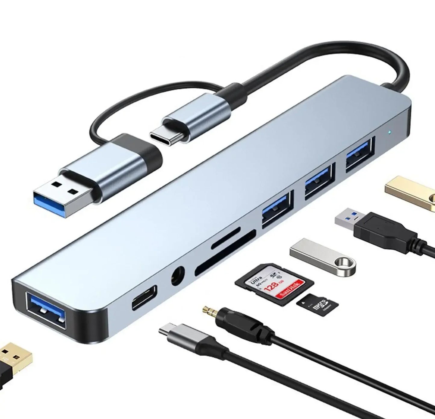 HUB USB 8 en 1 con lector de tarjetas SD/TF, puertos auxiliares de 3,5mm para MacBook Pro Air, PC, portátil y tableta