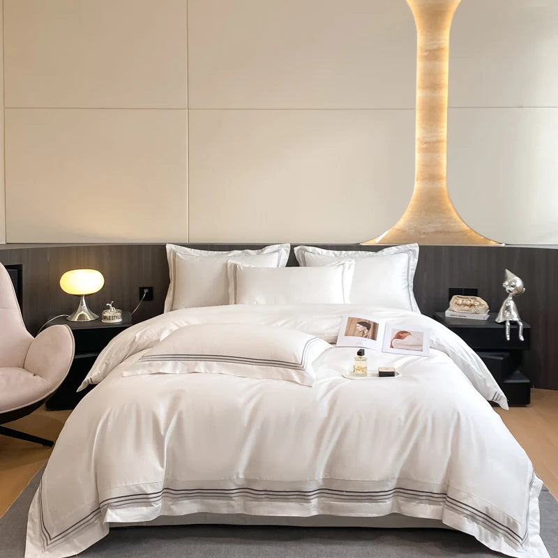 Juego de ropa de cama de lujo para Hotel, funda de edredón con bordado de Color sólido, Sábana plana/ajustada, fundas de almohada, tamaño Queen y King, 100% algodón