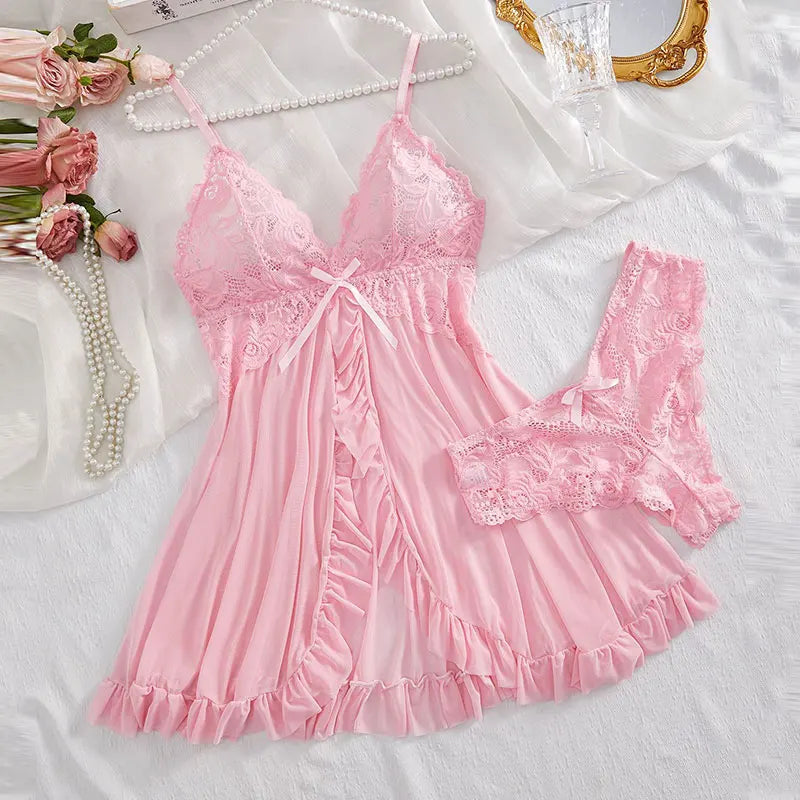 Traje con tirantes, camisón ultrafino de verano, conjuntos de Tanga de encaje, pijamas sexis para mujer, lencería, vestido de noche caliente, ropa de dormir cómoda