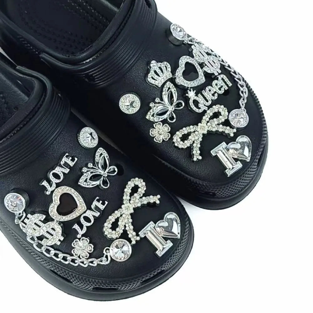 Juego de 20 piezas de dijes para zapatos, corona plateada, letra, mariposa, cadena de diamantes, decoraciones para zapatos, hebilla para sandalias, zuecos, accesorios DIY, regalo