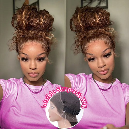 Peluca Frontal de encaje 360, cordón Invisible, cabello humano rizado, resaltado P4/ 27 colores, pelucas frontales de encaje de cabello humano brasileño para mujeres