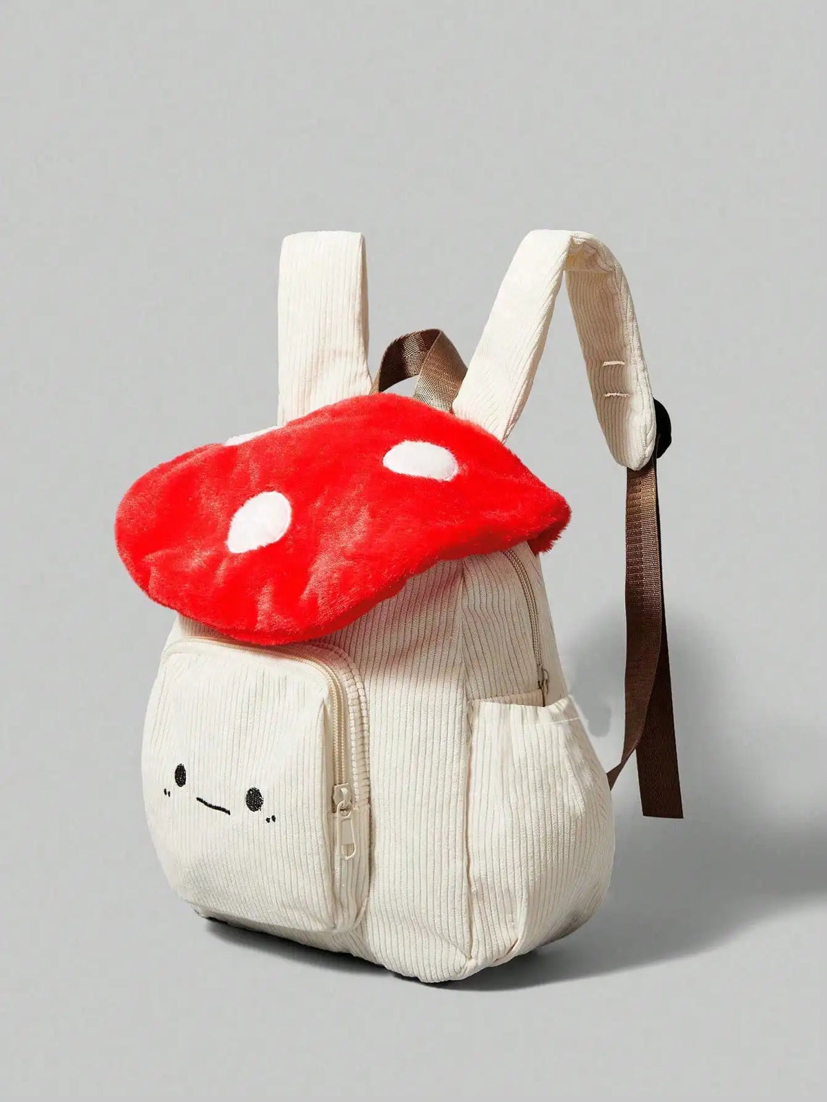 Mochila de Pana Linda y Moderna con Diseño de Hongos y Puntos Bordados, Diseño Color Block, Ideal para el Campus