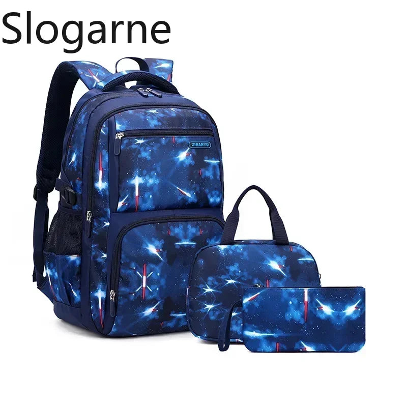 Nuevo conjunto de 3 uds de mochilas para niños, bolso escolar con patrón de cielo estrellado para estudiantes, bolso escolar impermeable con bolsa de almuerzo, estuche para lápices