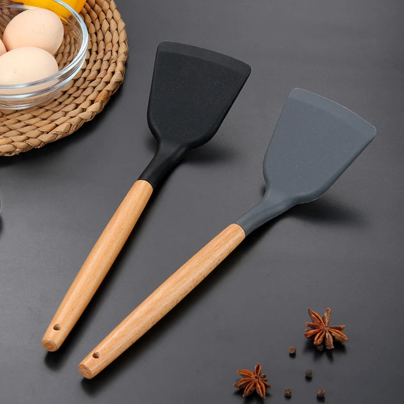 Juego de utensilios de cocina de silicona resistentes a altas temperaturas, pala con mango de madera, cuchara con fugas, herramienta, utensilio de cocina, accesorios para hornear