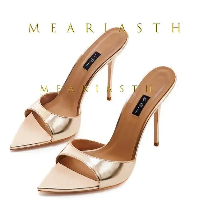 Mulas de cuero de Color caramelo para mujer, zapatos de tacón alto fino con punta abierta y punta abierta, zapatillas modernas sexis para fiesta para primavera y verano