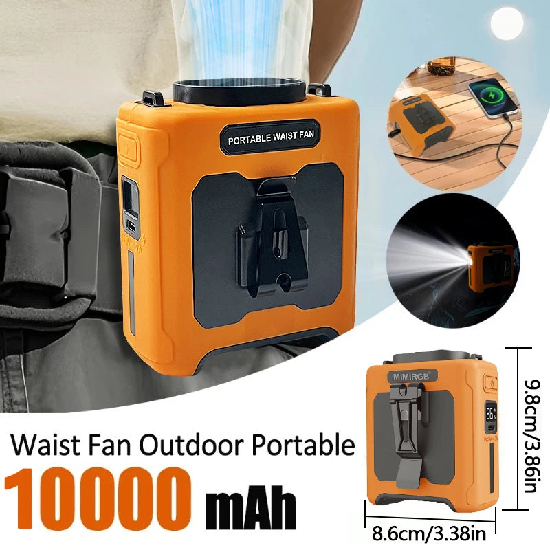 Ventilador de cintura portátil de 10000mAh con banco de energía, iluminación LED, ventilador de cuello colgante, ventilador de refrigeración de flujo de aire fuerte de 5 velocidades para trabajo al aire libre
