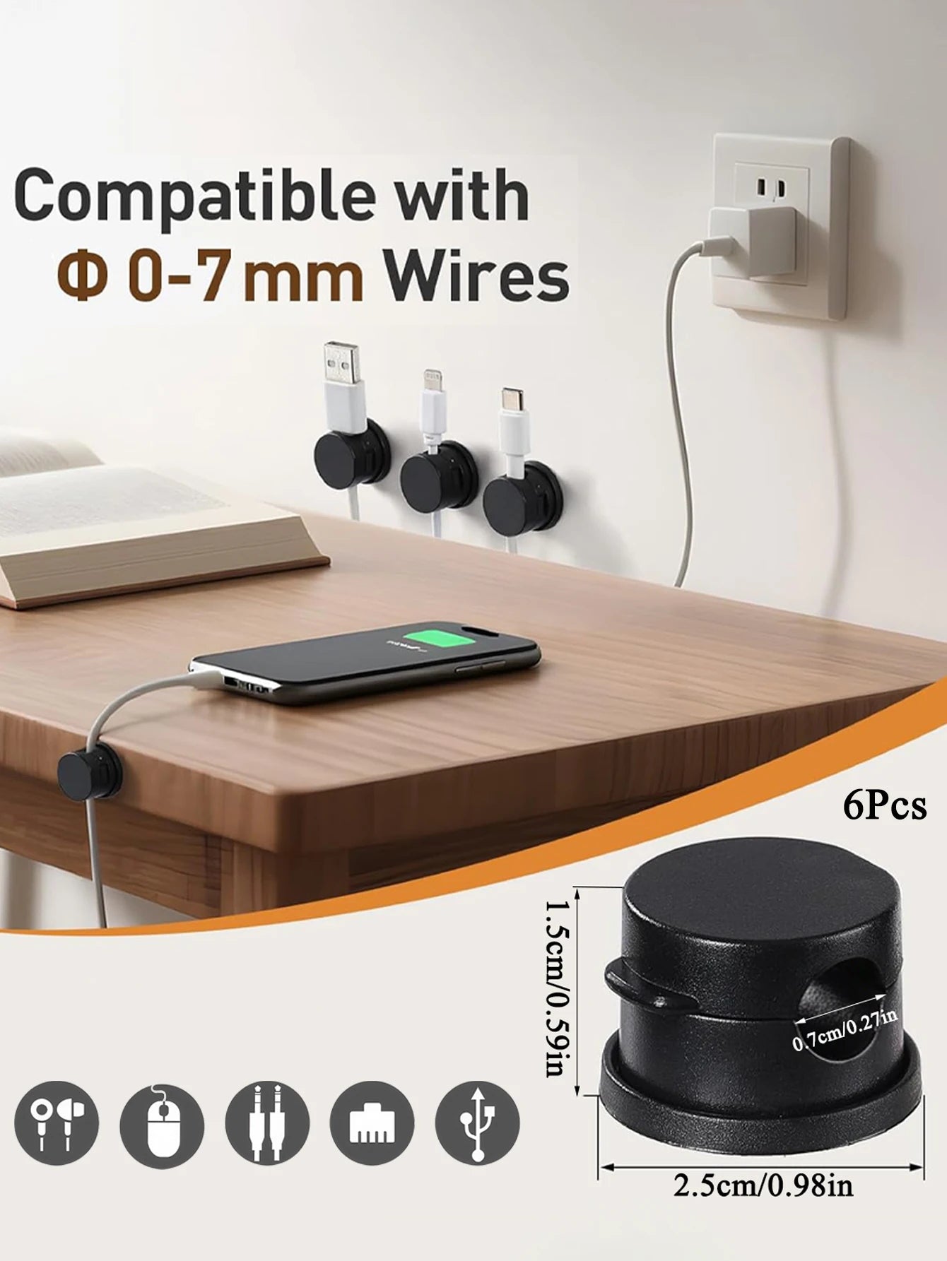 6 Clips Magnéticos para Cables, Organizador de Cables Ajustable, Soporte para Cables Debajo del Escritorio, Gestión de Cables