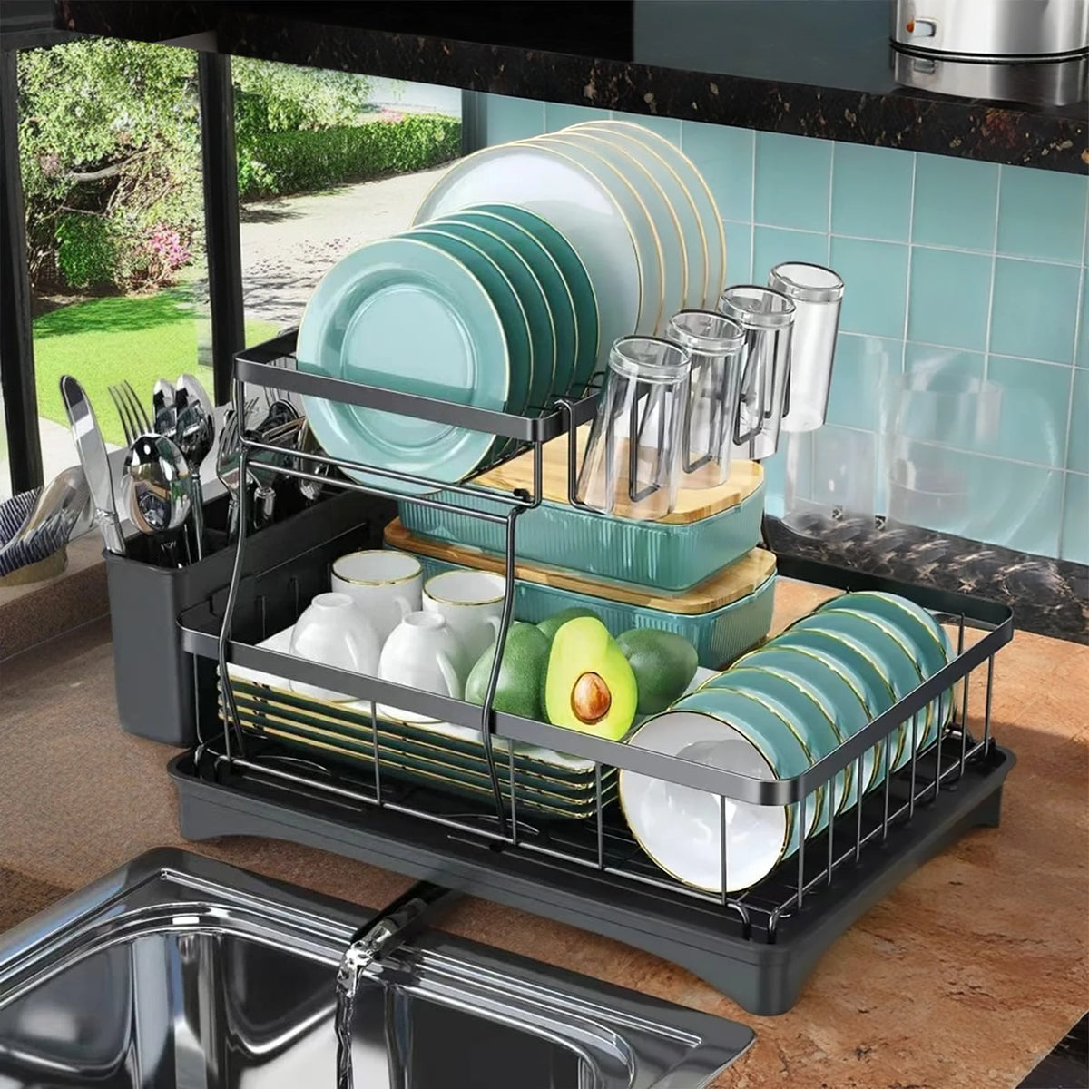 Escurridor de platos grande de 2 niveles para encimeras de cocina, escurridor de platos extraíble de gran capacidad
