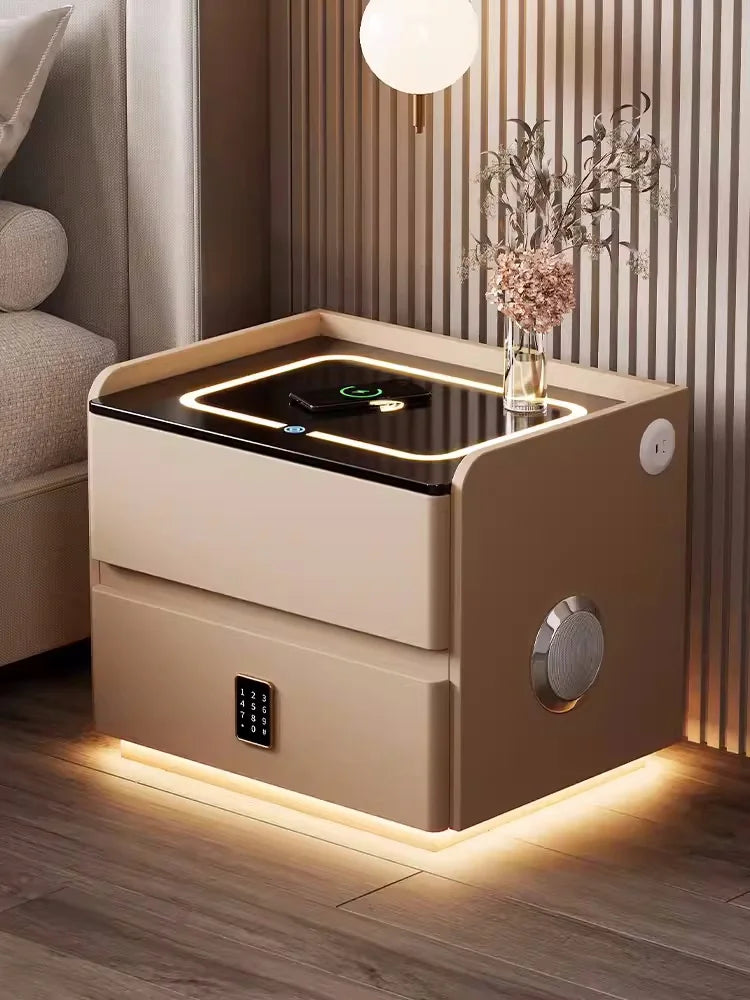 Mesita de noche inteligente de madera maciza con carga inalámbrica, mesita de noche de estilo moderno con 2 cajones y cerradura, armario lateral para el hogar