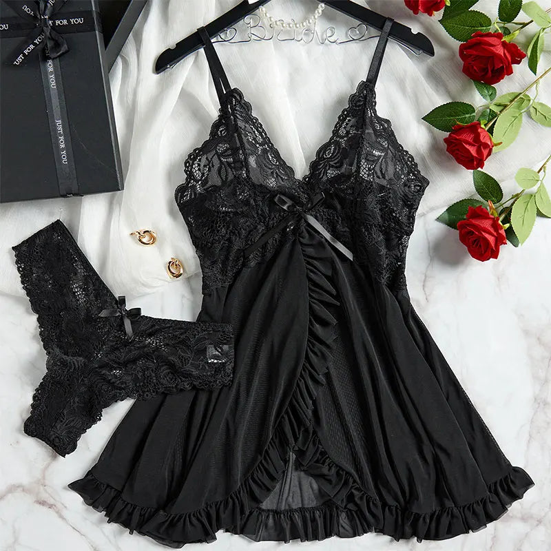 Traje con tirantes, camisón ultrafino de verano, conjuntos de Tanga de encaje, pijamas sexis para mujer, lencería, vestido de noche caliente, ropa de dormir cómoda