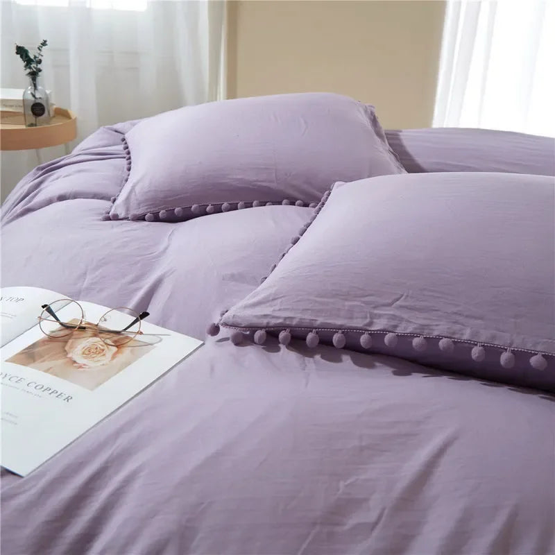 Funda de edredón suave y lavada, Juego de 3 piezas, funda de almohada, juego de ropa de cama para Twin, Full, Queen, King Size, decoración de pompones