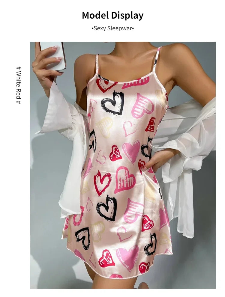 Camisón Sexy con tirantes para mujer, lencería Sexy de satén de seda, ropa de dormir con pintura Floral, minivestido para el hogar
