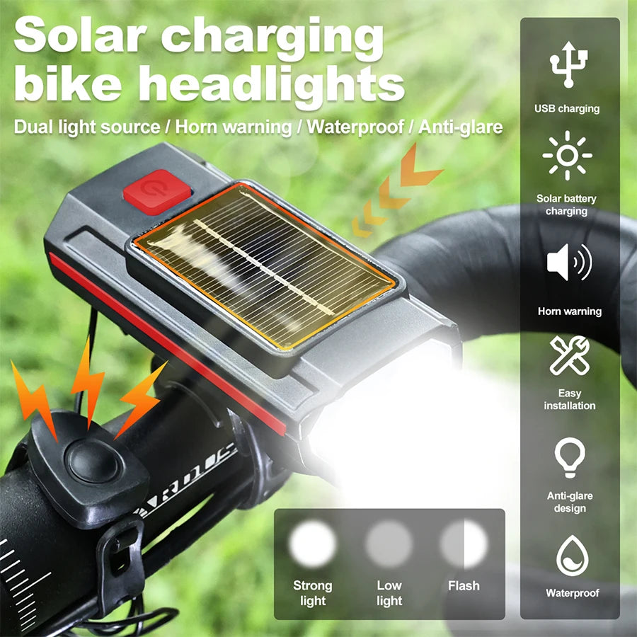 Luz Solar para bicicleta con bocina, 120dB, TYPE-C, carga rápida, lámpara frontal para bicicleta de montaña y carretera, linterna para bicicleta de 1200 mah