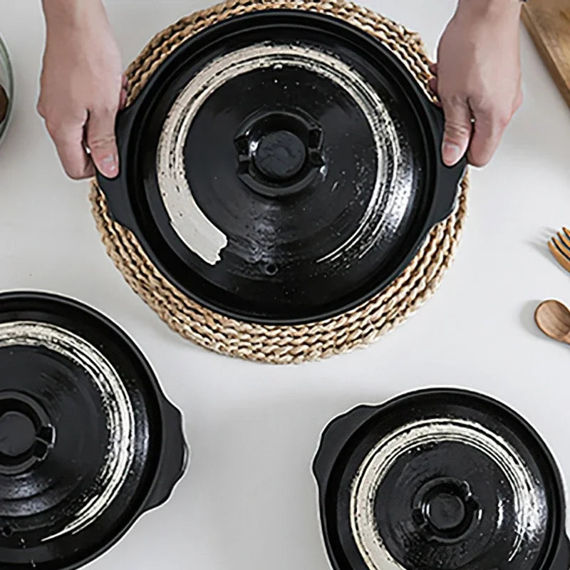 Cazuela de cerámica de estilo japonés, olla pequeña negra, cacerola de arcilla, utensilios de cocina para el hogar, suministros de cocina, olla para sopa, 1 Uds.