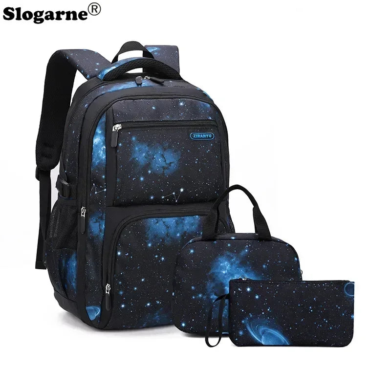 Nuevo conjunto de 3 uds de mochilas para niños, bolso escolar con patrón de cielo estrellado para estudiantes, bolso escolar impermeable con bolsa de almuerzo, estuche para lápices