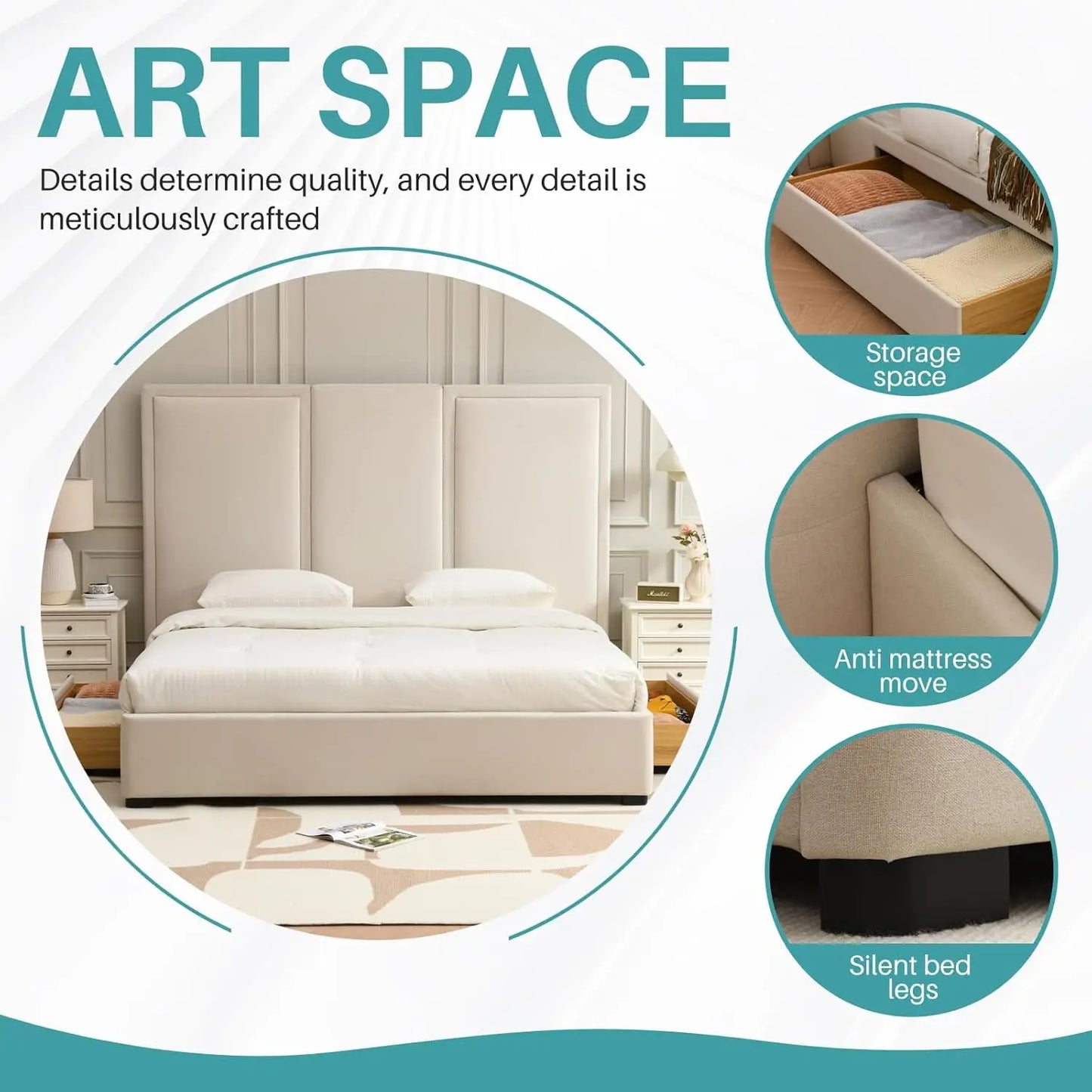 Estructura de cama tamaño King con cabecero alto de 64 pulgadas, cama con plataforma tapizada de lino simple y aireada con cajones de almacenamiento, listones de madera,