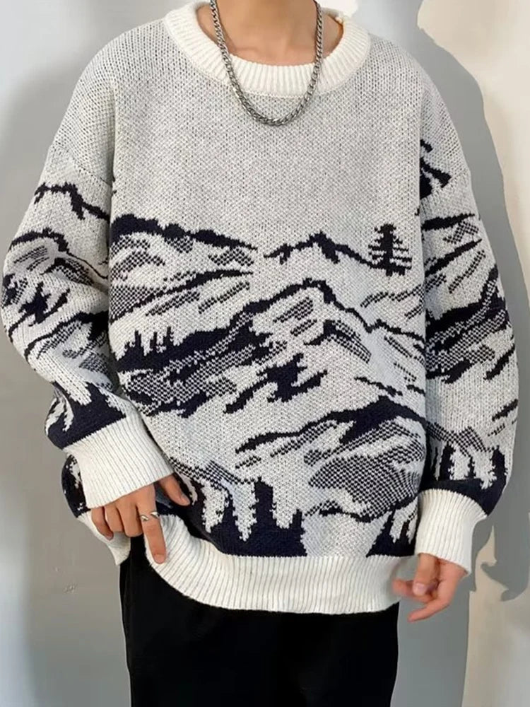 Suéteres de Jacquard con gráfico de montaña para hombre, jerséis de punto informales de manga larga Y2K, prendas de punto Vintage con cuello redondo, otoño