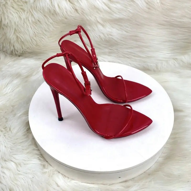 Nuevas Sandalias de Moda con Tira Recta 2026, Sandalias de Tacón de Aguja Rojas con Punta en Pico para Mujer