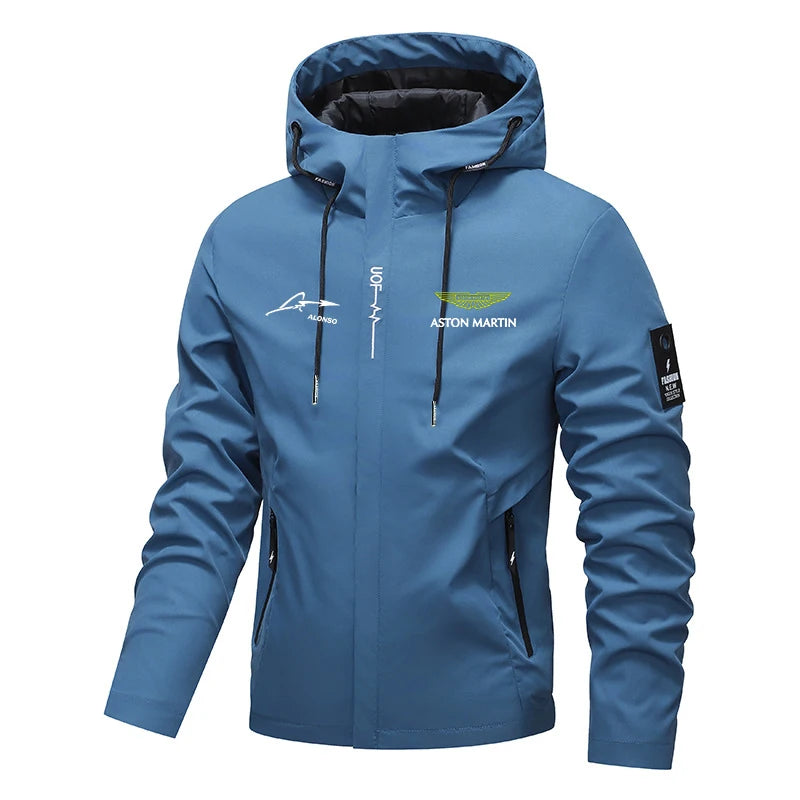 Aston Martin cortavientos con capucha para hombre, chaqueta con cremallera estilo carreras resistente al viento para exteriores, nuevo estilo 2026