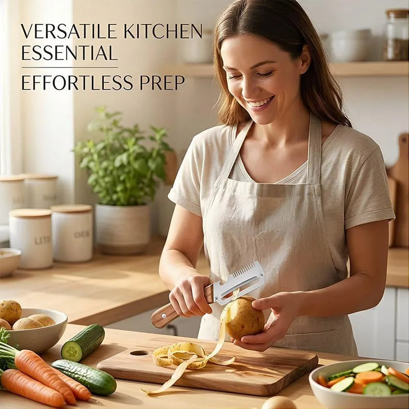Juego de 2 peladores de cocina de acero inoxidable con mango de madera para pelar y cortar frutas y verduras, herramienta de cocina