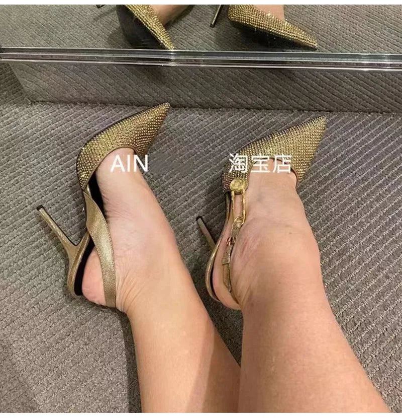 Zapatos de tacón de lujo con hebilla de lentejuelas y diamantes de imitación para mujer, zapatos de tacón alto de aguja con punta estrecha, zapatos de moda para primavera y verano