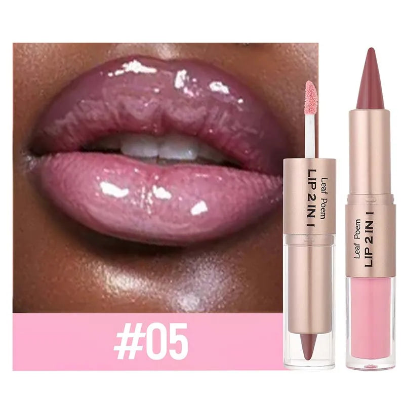 Lápiz Delineador de labios mate 2 en 1 de doble cabeza, resistente al agua, antiadherente, brillo de espejo, tinte de labios, brillo de labios marrón, maquillaje de lápiz labial