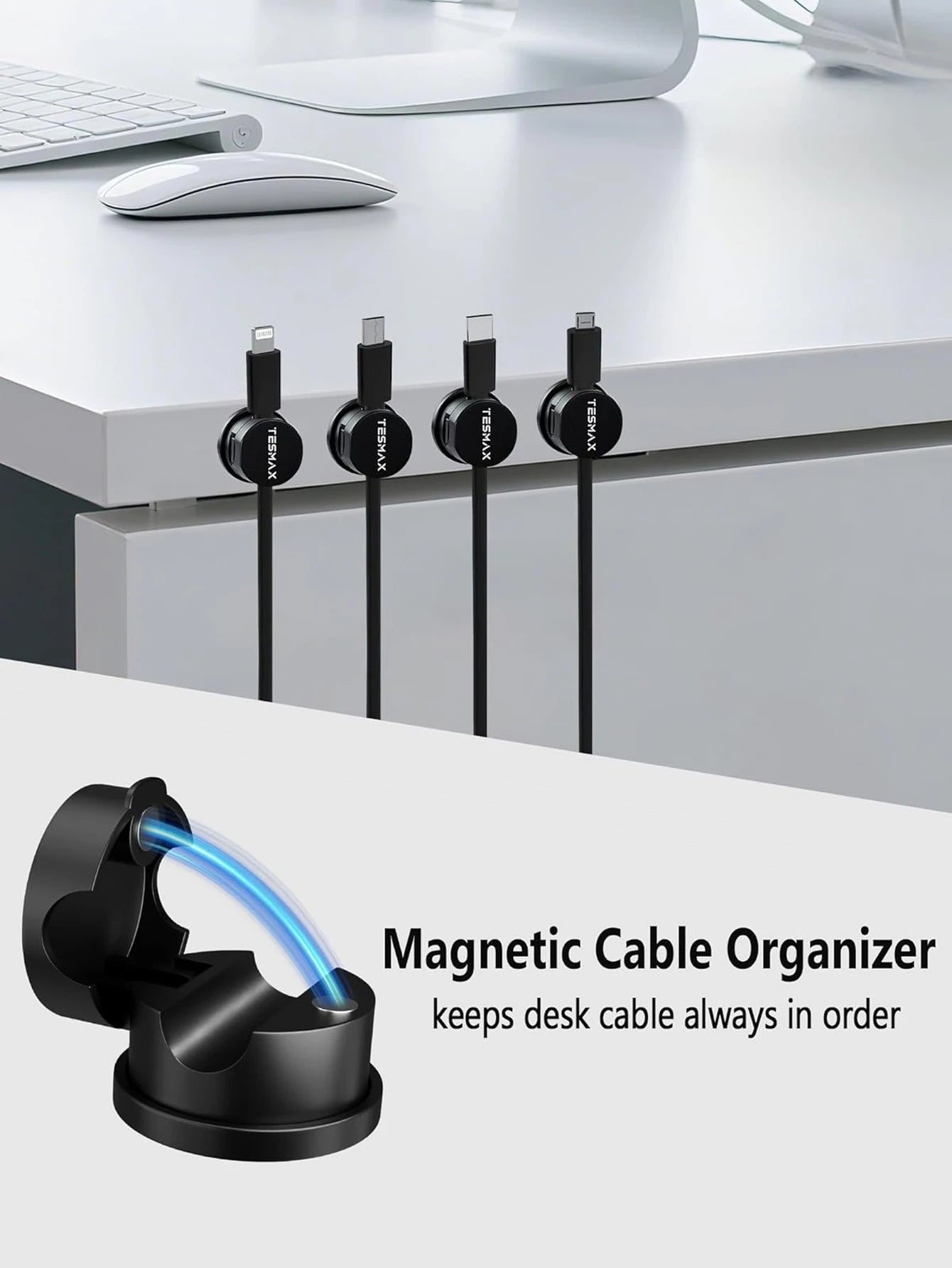 6 Clips Magnéticos para Cables, Organizador de Cables Ajustable, Soporte para Cables Debajo del Escritorio, Gestión de Cables