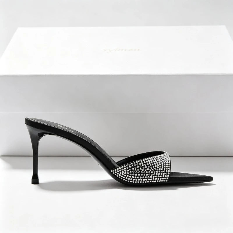 Zapatillas de tacón fino de lujo con diamantes de imitación brillantes para mujer, sandalias de marca con punta abierta, tacones sexis de diseñador para exteriores para mujer 2026