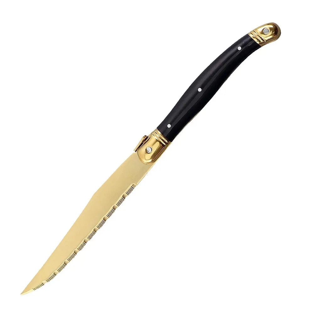 Cuchillos para Carne, Recubiertos de Titanio Dorado, Acero Inoxidable Serrado, Mango Negro, Cuchillo de Cena Estilo Occidental para Cocina, Restaurante y Vajilla