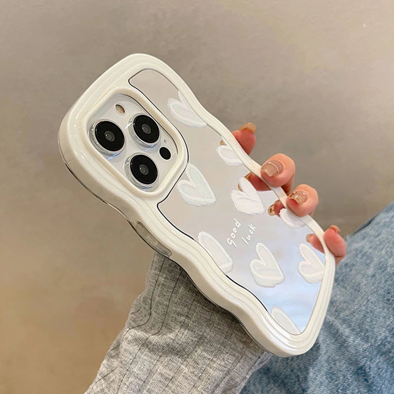 Funda de teléfono con espejo de maquillaje de corazón blanco encantador coreano para iPhone 17 Air 14 15 16 Pro Max 13 11 12 14 Plus XS X XR cubierta a prueba de golpes