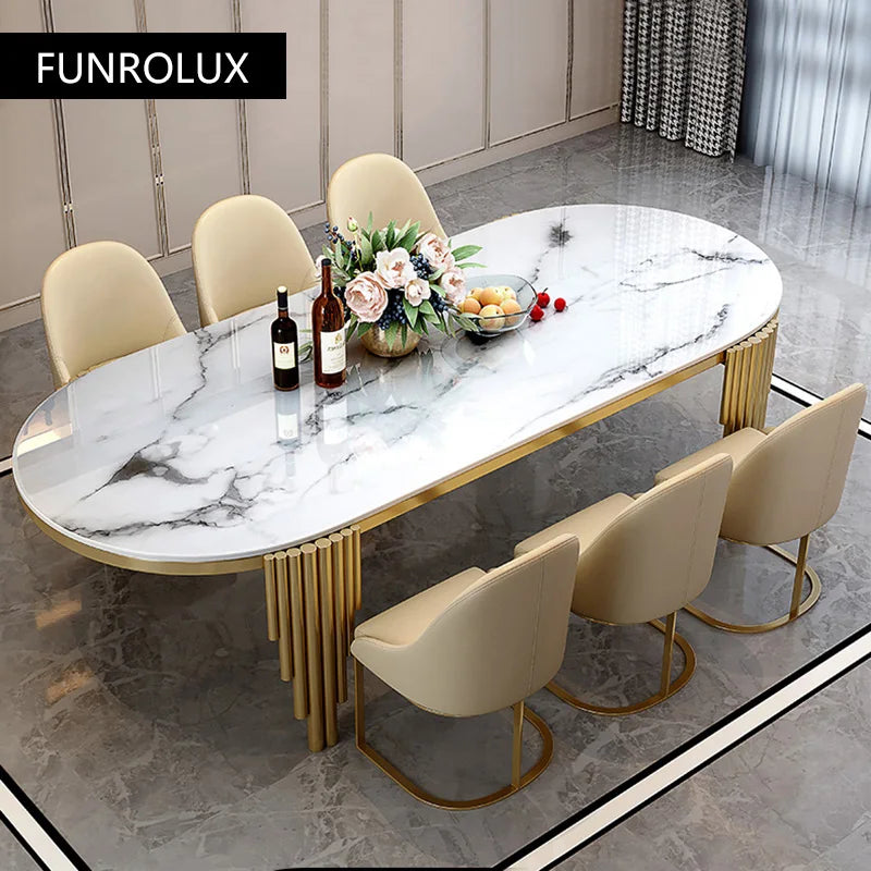 Juego de comedor de acero inoxidable, muebles para el hogar, mesa de comedor de mármol moderna