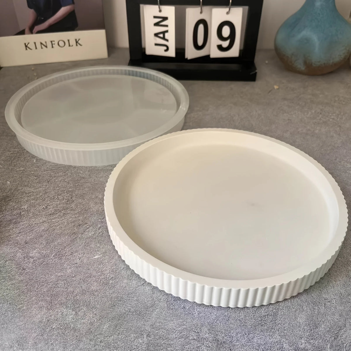 Bandeja redonda a rayas, bandeja de almacenamiento decorativa, Base de macetero, molde de silicona para adorno de yeso de resina, molde de silicona de hormigón, 1 ud.