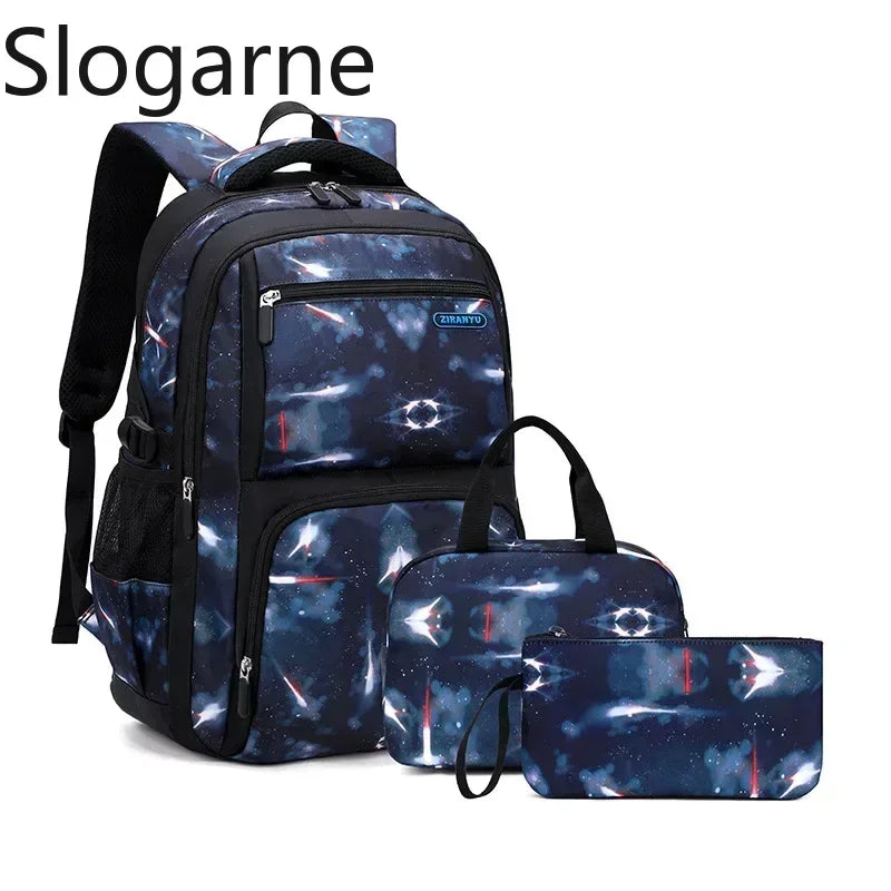 Nuevo conjunto de 3 uds de mochilas para niños, bolso escolar con patrón de cielo estrellado para estudiantes, bolso escolar impermeable con bolsa de almuerzo, estuche para lápices