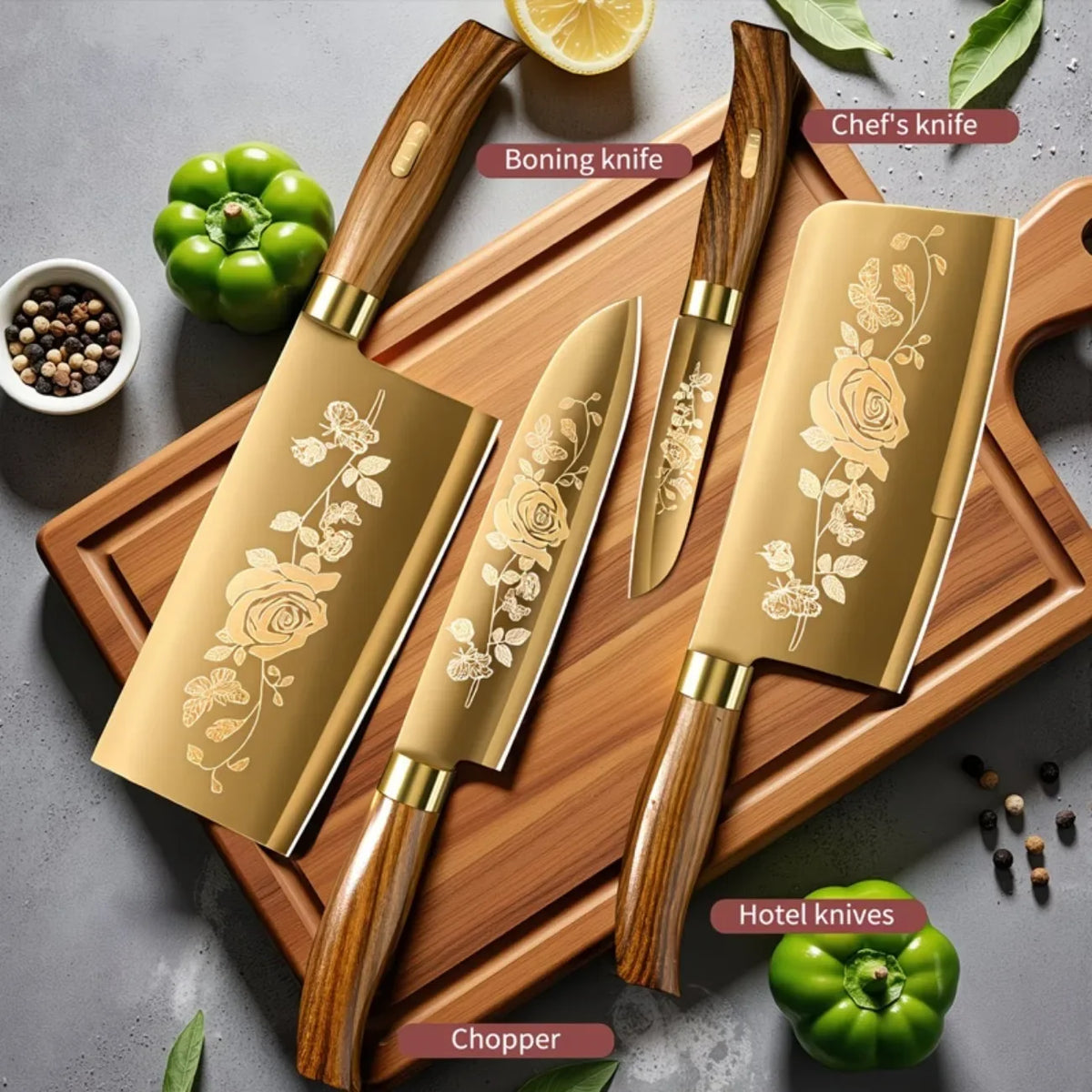 Juego de cuchillos de cocina de lujo dorados, ultra afilados, con hoja de acero inoxidable de primera calidad con revestimiento de titanio y mango de madera para cocinar, 4 piezas