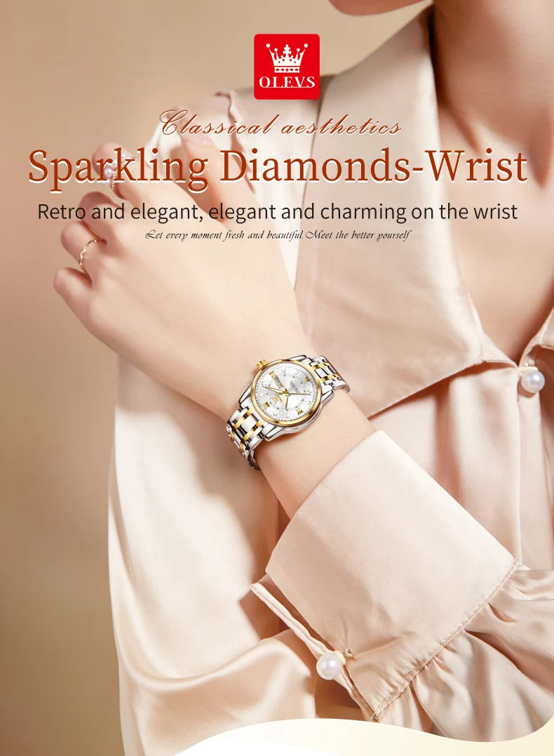 Relojes OLEVS para mujer, reloj de pulsera luminoso resistente al agua de acero inoxidable Original dorado a la moda, reloj clásico elegante para mujer con fecha