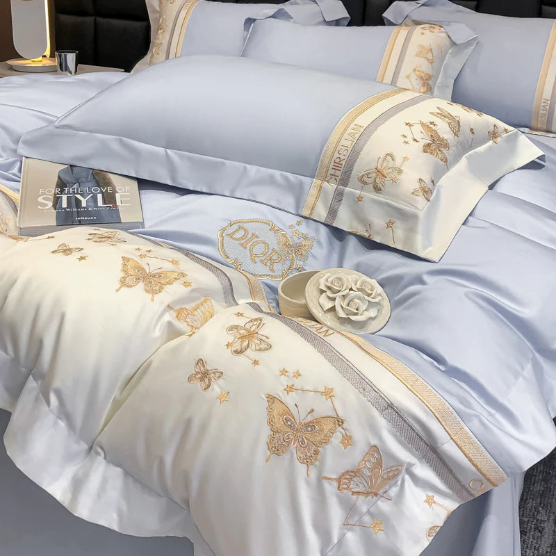 Juego de cama 100% de algodón, edredón bordado de mariposa dorada de lujo/funda nórdica, juegos de sábanas ajustadas, fundas de almohada, textiles para el hogar