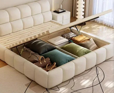 Base de Cama Moderna de Lujo con Diseño de Nube, Cama de Tela Bouclé Suave con Cabecera Acolchada, Cama Tapizada Tamaño Queen, Muebles de Dormitorio