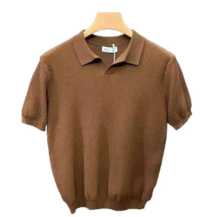 Polo de Manga Corta con Cuello en V, Corte Ajustado, de Seda Helada, para Hombre, Tejido, Estilo Veraniego, Transpirable, Lavable a Máquina, Camiseta Casual
