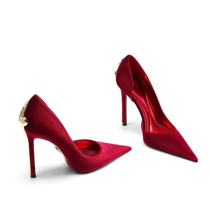 Zapatos de tacón alto dorados con diseño de cetro y punta abierta para mujer, tacones delgados con estampado en negro, talla 43, de charol, zapatos individuales.