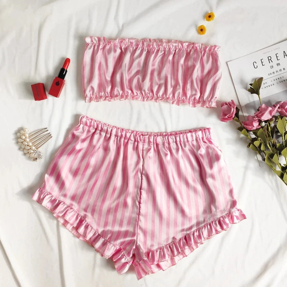 Conjunto de Pijamas de seda satinada para mujer, ropa de dormir Sexy, Pijamas sin mangas de verano, ropa de casa de seda sintética, ropa de dormir a rayas rosas, sujetador de lencería