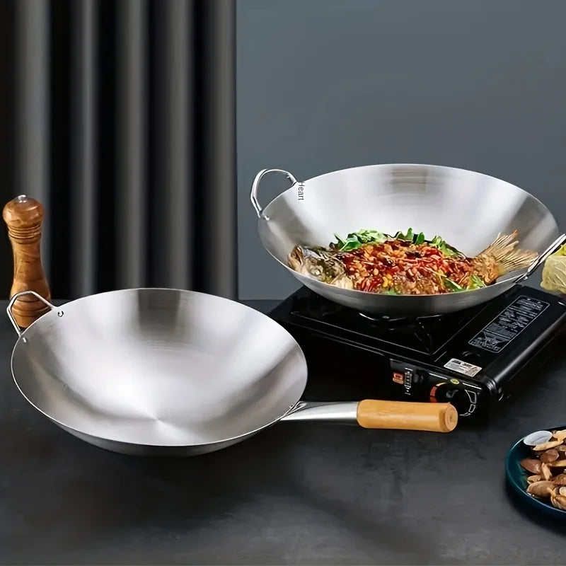 Wok grande de acero inoxidable, sartén de Chef duradera gruesa sin recubrimiento de alta calidad con asas dobles, fácil de limpiar para uso comercial, 1 ud.