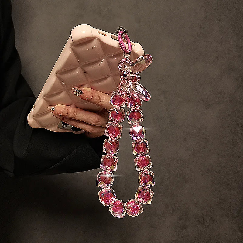 Cordón de lujo para teléfono, lazo acrílico brillante de cristal, dijes para teléfono, cadena corta para muñeca, se puede llevar a mano, colgante de cuentas de cadena