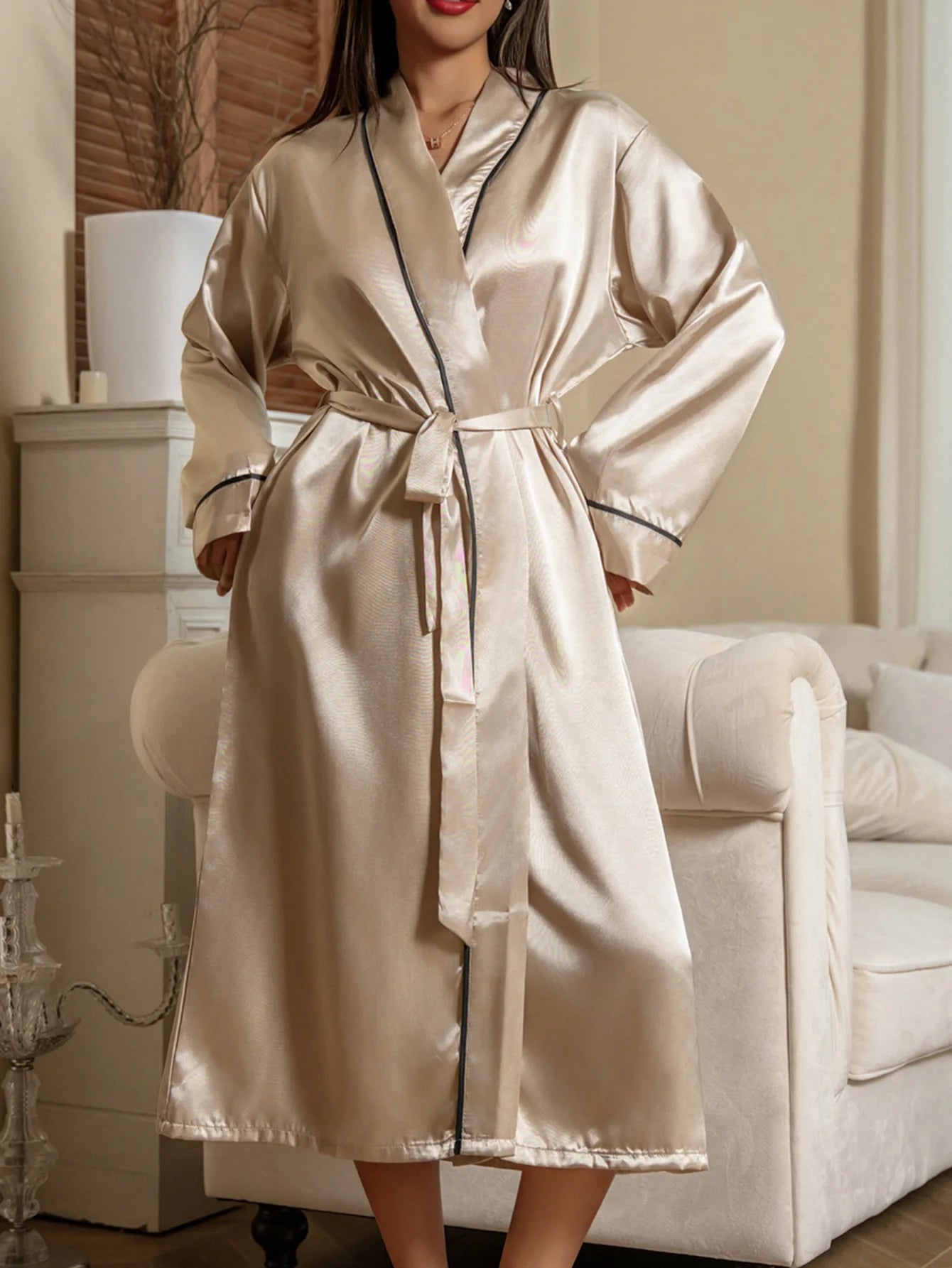 Bata larga Kimono de satén para mujer, bata de baño suelta, ropa de salón para el hogar, ropa de dormir Sexy, lencería íntima, primavera y otoño