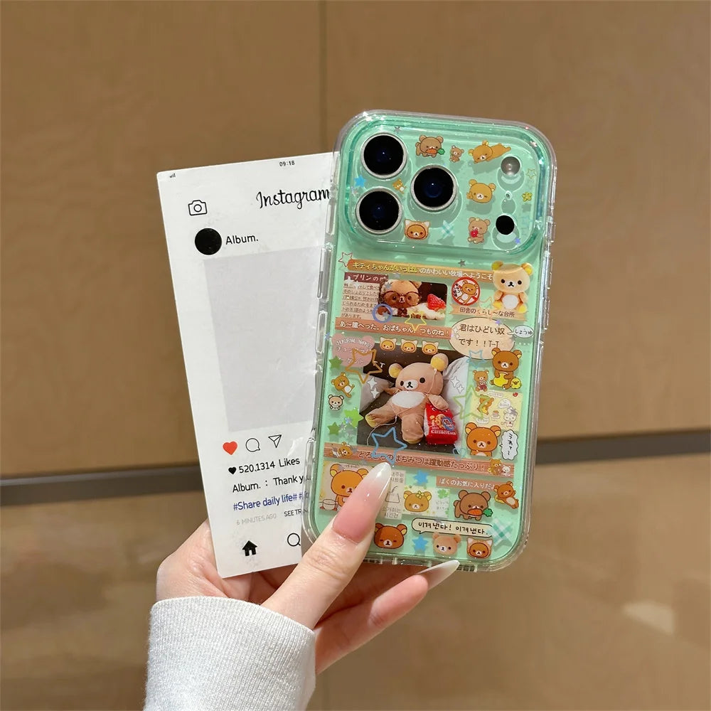 Funda de Teléfono con Dibujos Animados de Rilakkuma Kawaii para iPhone 17 16 15 Pro16 Max 17 Pro Max, Funda Protectora Bonita a Prueba de Golpes con Dijes