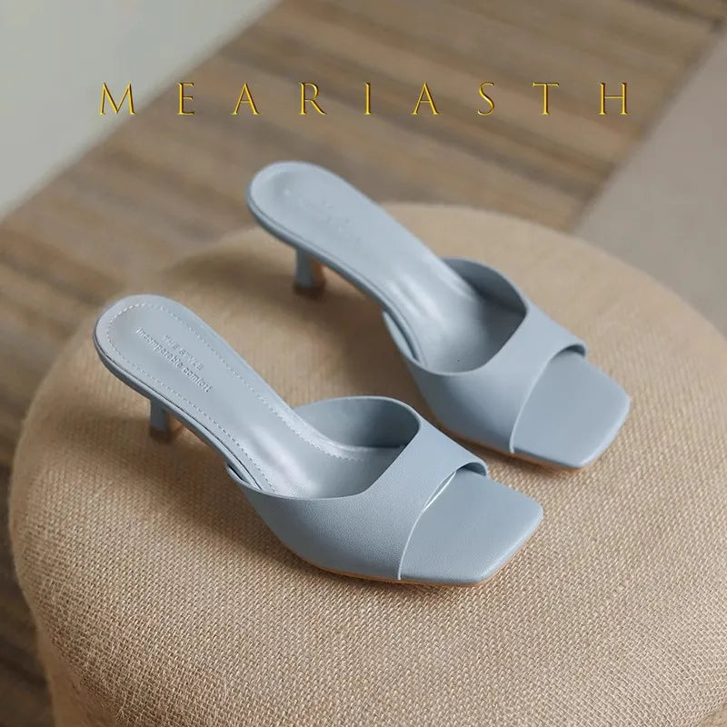 Pantuflas de Tacón Alto para Mujer, Pantuflas de Cuero Vacuno de Lujo, Pantuflas de Moda con Punta Cuadrada, Pantuflas de Tacón Alto con Punta Abierta para Verano