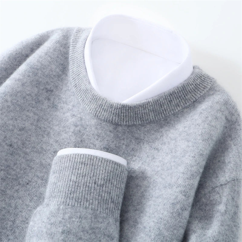 Otoño/Invierno, jersey de cachemira pura de 100% para hombre, suéter de punto liso informal de negocios, Tops sueltos de cuello redondo, jersey grueso y cálido