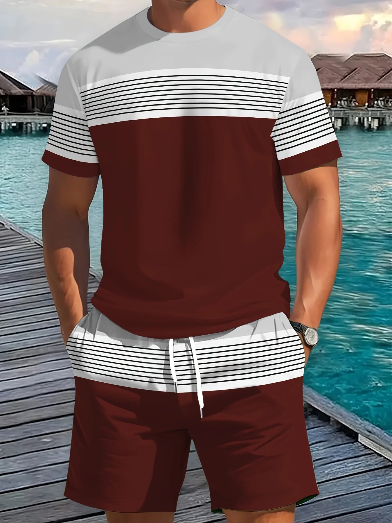 Nueva ropa deportiva de verano para hombre, conjunto de camiseta de manga corta a rayas, ropa de viaje al aire libre de dos piezas, pantalones cortos de ajuste relajado, ropa de entrenamiento